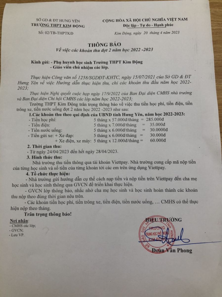 THÔNG BÁO VỀ VIỆC THU CÁC KHOẢN ĐỢT 2 NĂM HỌC 2022 - 2023 20/04/23